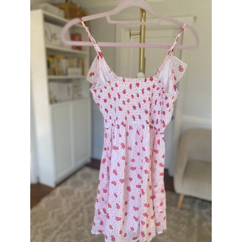 Jopn Strawberry Ruffle Mini Dress Coquette Dainty Feminine Romantic Quiet Luxury - Picture 4 of 6